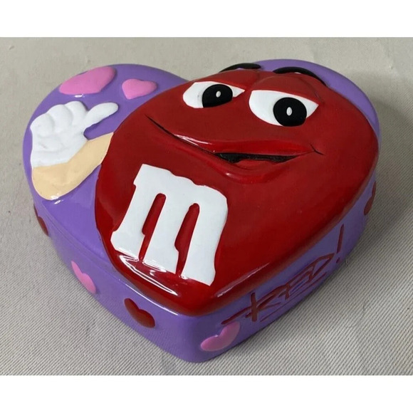 M&M Ceramic Heart Shaped Candy Dish Red Purple Trinket Box Valentine's Day - Picture 1 of 9